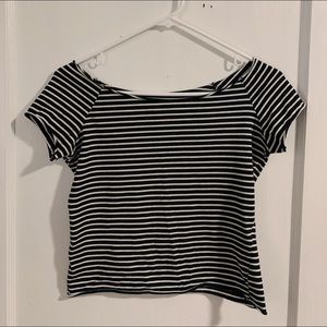 Black/white striped cropped off-the-shoulder top